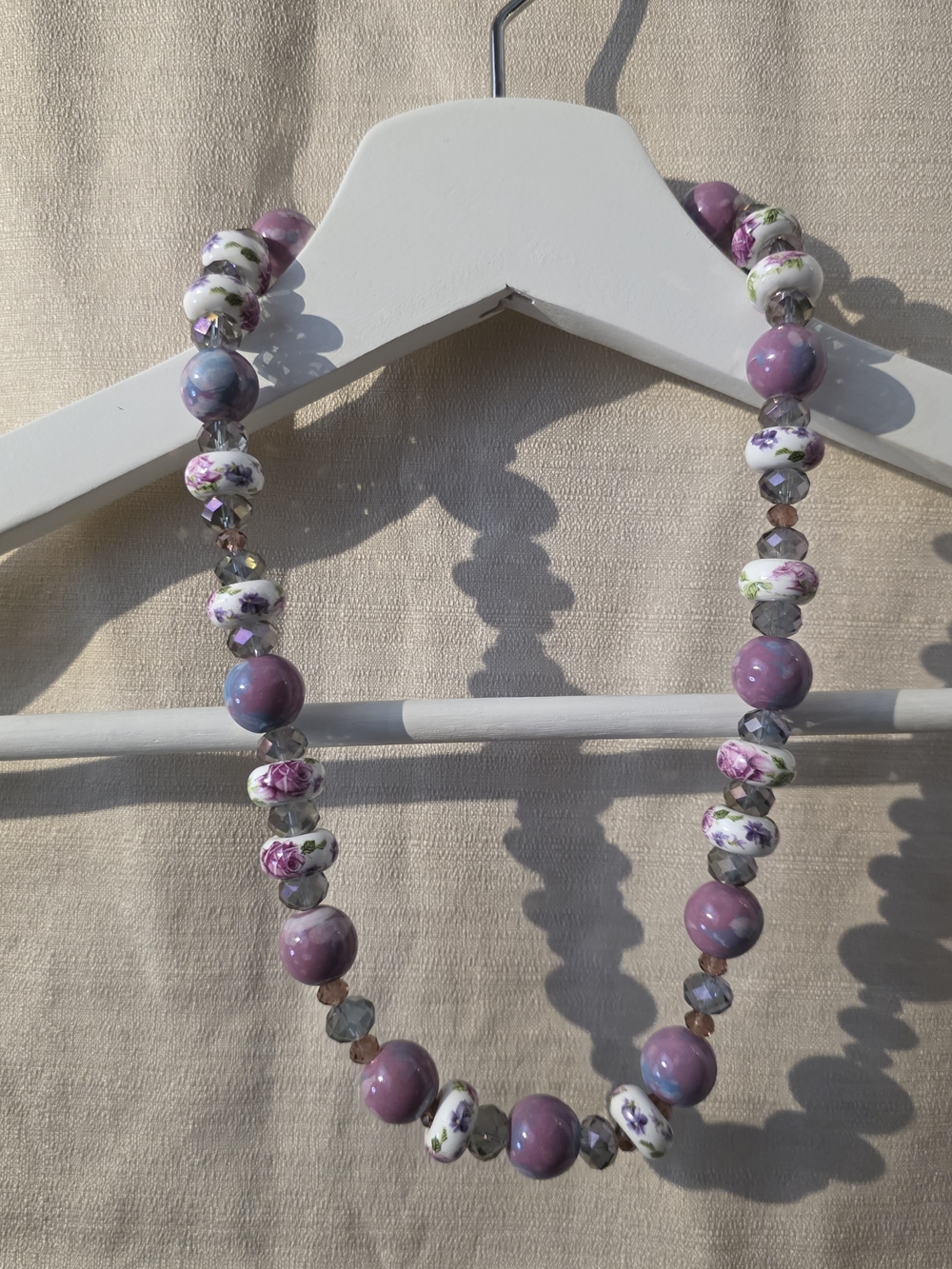 Purple Floral Beaded Necklace Ceramic Glass Beads Boho Cottagecore